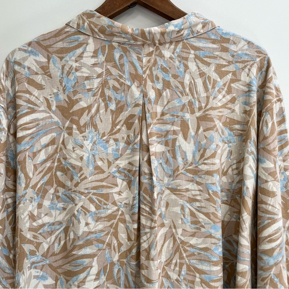 Catherine’s linen button front top 3/4 length sleeves tan blue leaf print 6X - Picture 4 of 11